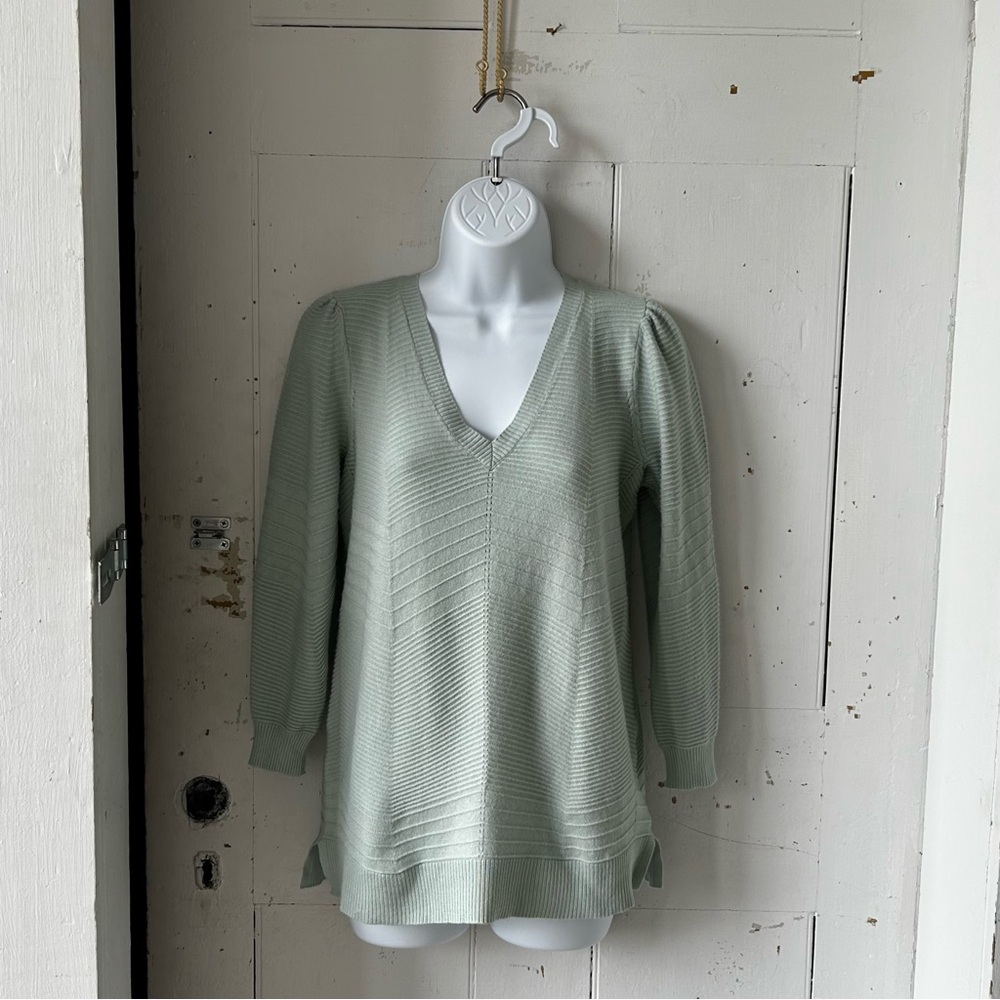 Tahari Green V-Neck Textured Knit Puff Sleeves Sweater